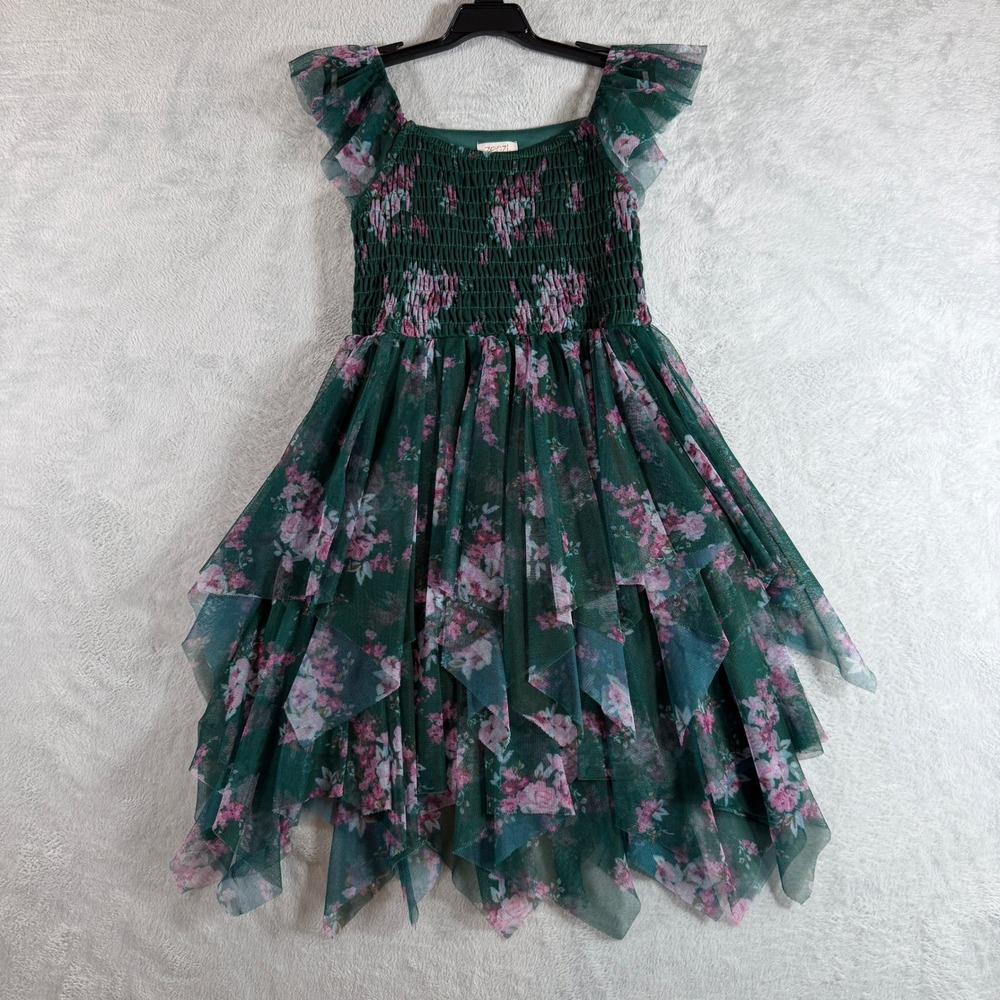 Zenzi Girls Green Pink Floral Tulle Hanky Hem Smocked Dress S 6/7 Style AYD23252